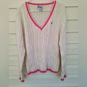 Lilly Pulitzer Cotton Cable Sweater White/Pink V Neck Size Large